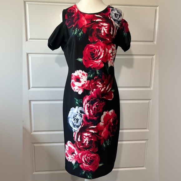 Enfocus Studio 8 Rose Floral Black Cold Shoulder Midi Dress - Picture 1 of 7